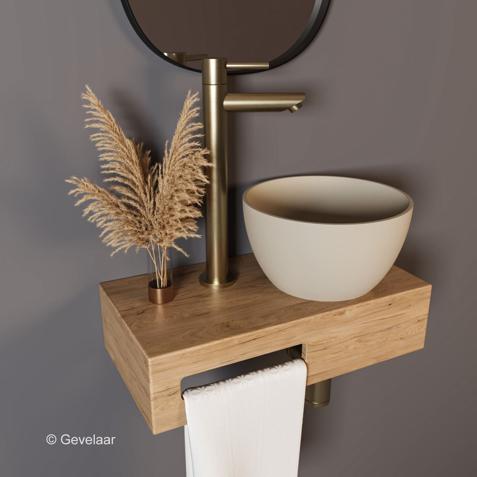 Arcqua Olivia fonteinset eikenhout waskom mat zand rechts kraan geb goud