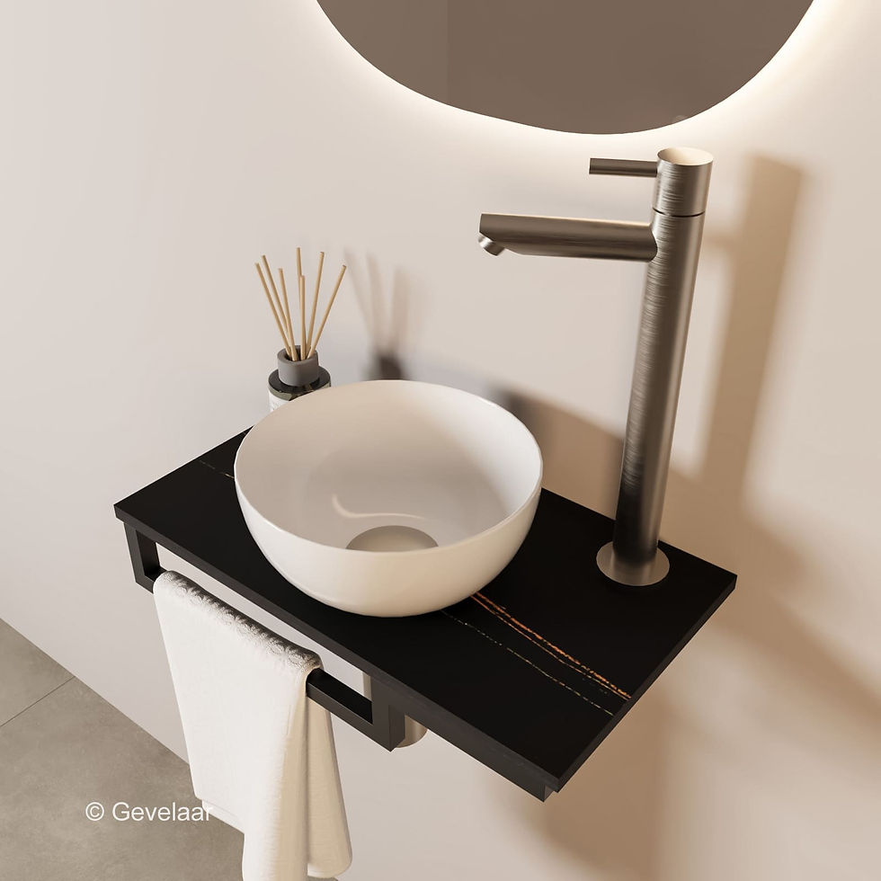 Thumbnail: Tanaro Marqstone fonteinset marmer zwart kraan RVS kom 20cm wit houder L