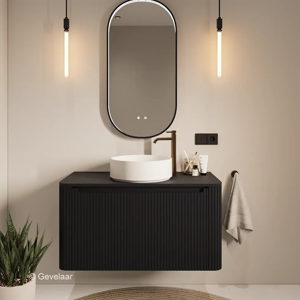 Tanaro Stave badmeubel met afdekblad in mat zwart, 100 cm, met afgeronde hoeken en witte opbouw waskom