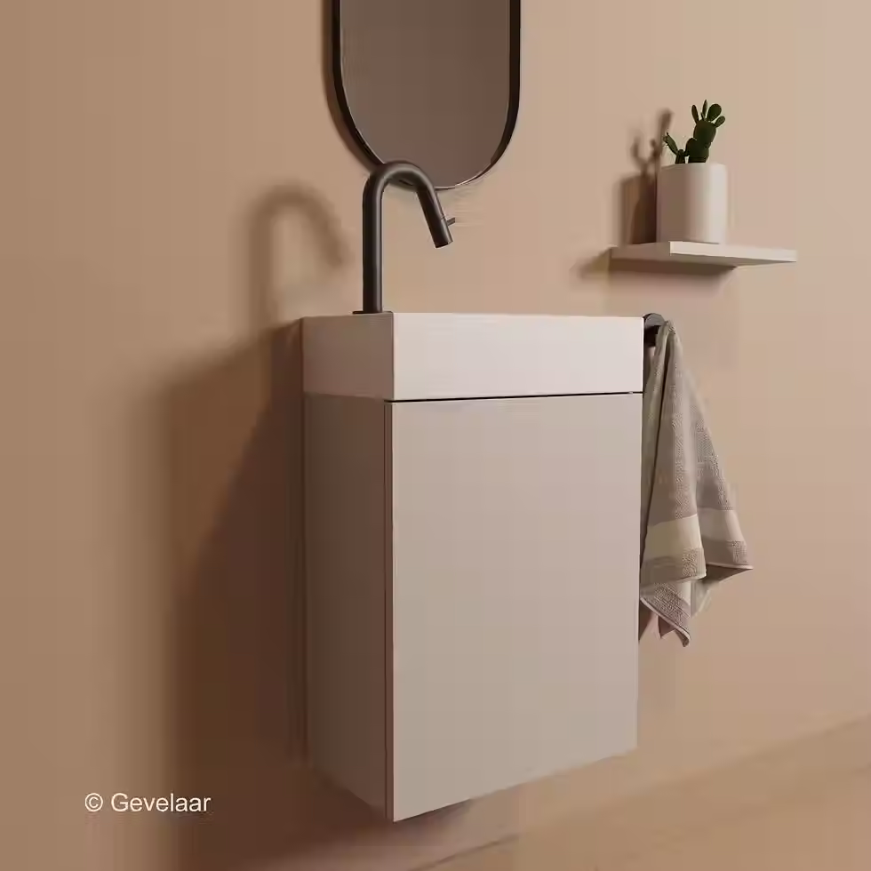 Thumbnail: Zaphir Freshdip Fonteinset beige kast wasbak mat wit omkeerbaar kraan mat zwart