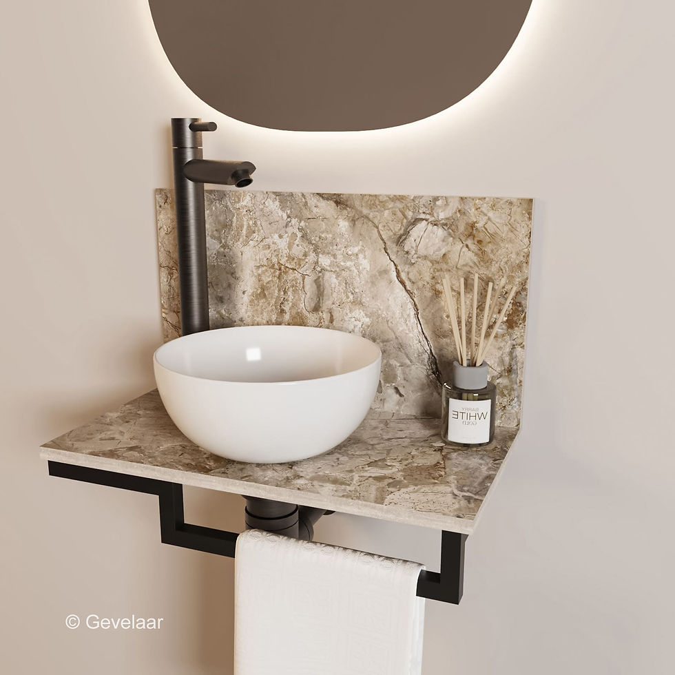 Thumbnail: Tanaro Marqstone fonteinset earth glossy wand kraan gunmetal kom wit houder R
