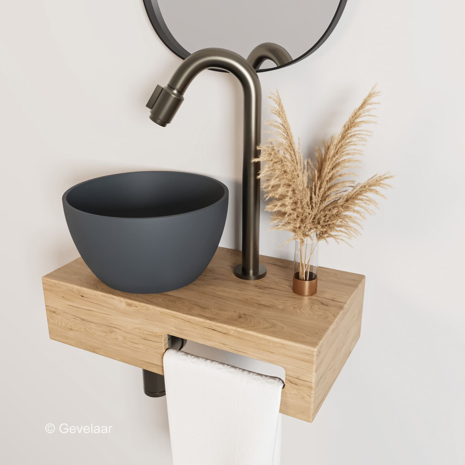 Arcqua Olivia fonteinset eikenhout waskom mat antraciet links bo kraan gunmetal