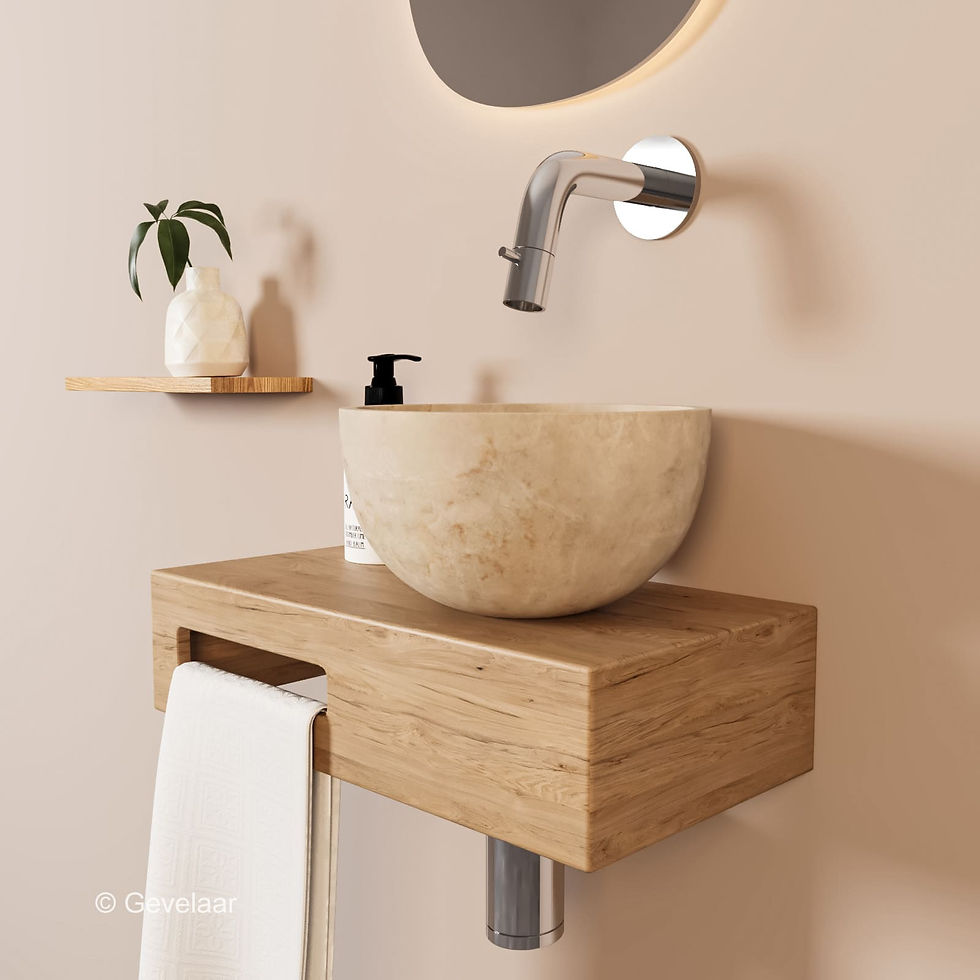 Thumbnail: Tanaro Oasis fonteinset in eikenhout met marmer beige waskom rechts en chroom inbouw fonteinkraan