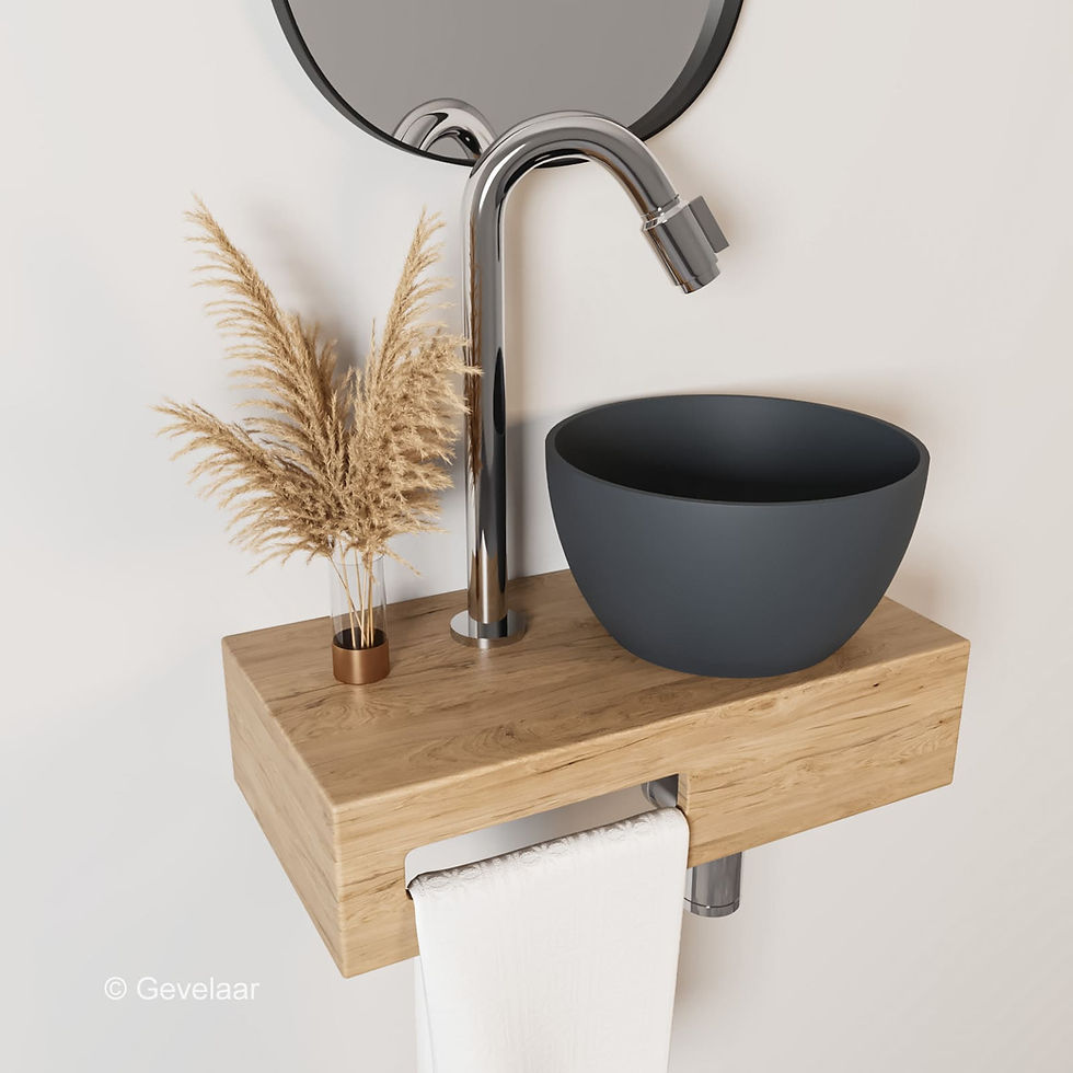 Arcqua Olivia fonteinset eikenhout waskom mat antraciet rechts bo kraan chroom