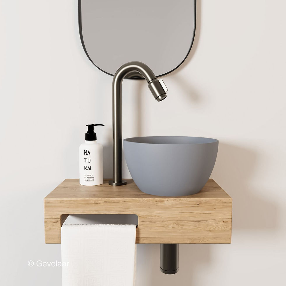 Arcqua Olivia fonteinset eikenhout waskom mat beton rechts kraan bo gunmetal