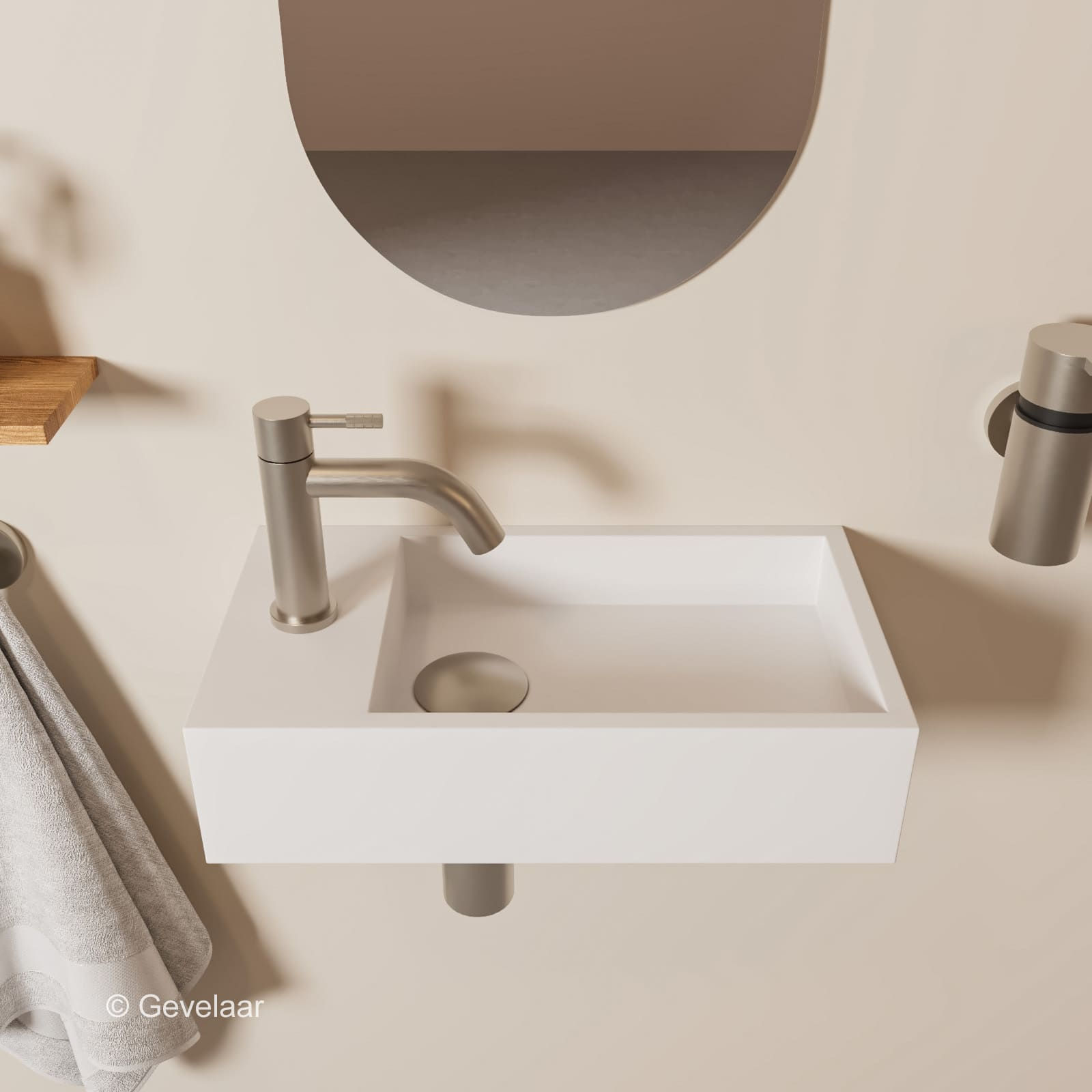 Tanaro Eva fonteinset wasbak mat wit links solid surface gebogen kraan RVS