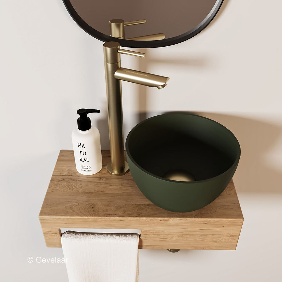 Thumbnail: Arcqua Olivia fonteinset eikenhout waskom mat groen rechts kraan geb goud