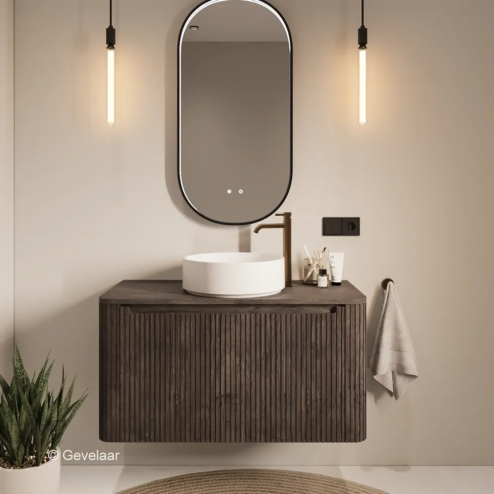 Tanaro Stave badmeubel met afdekblad in bruin eiken, 100 cm, met afgeronde hoeken en witte opbouw waskom