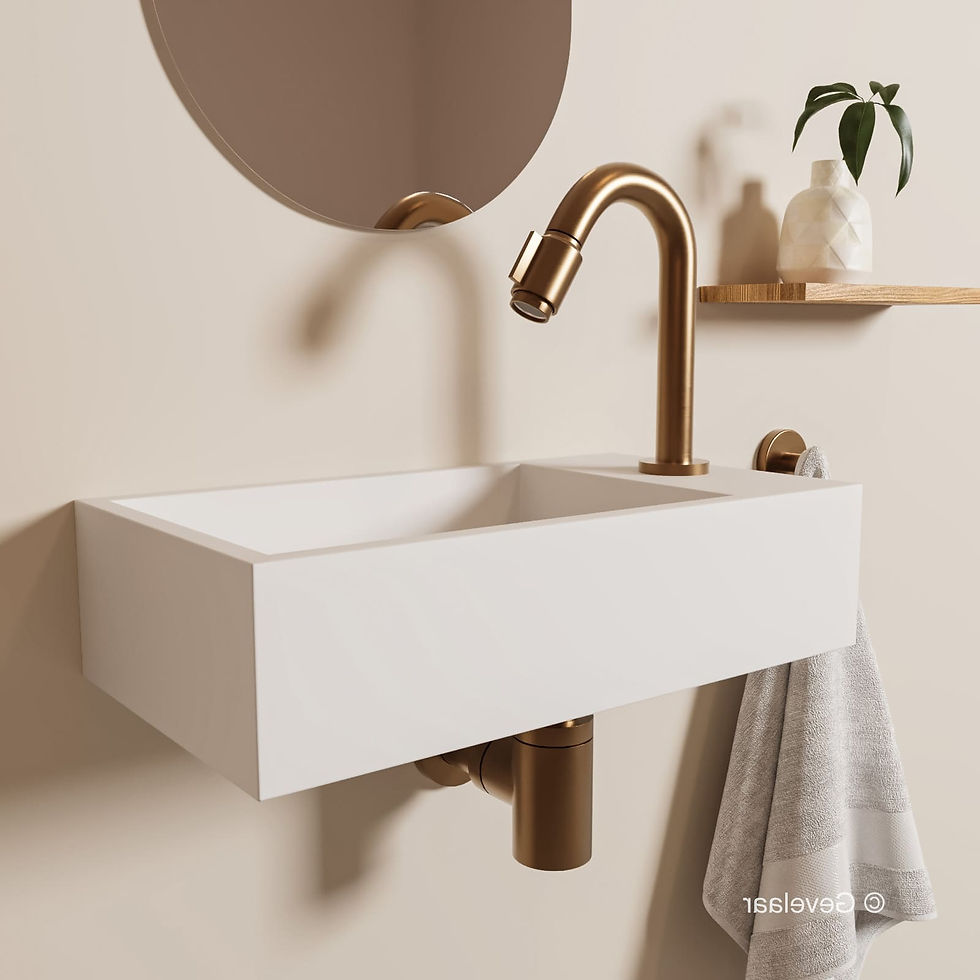 Thumbnail: Tanaro Eva fonteinset wasbak mat wit rechts solid surface bokraan brons koper