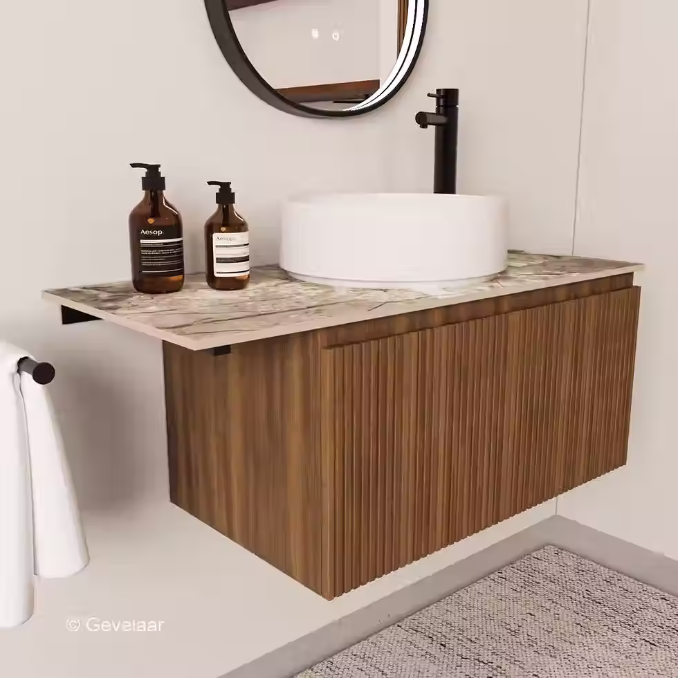 Thumbnail: Striato ribbel noten badmeubel 100 cm - 1 lade 80cm afdekblad Earth Glossy+steun