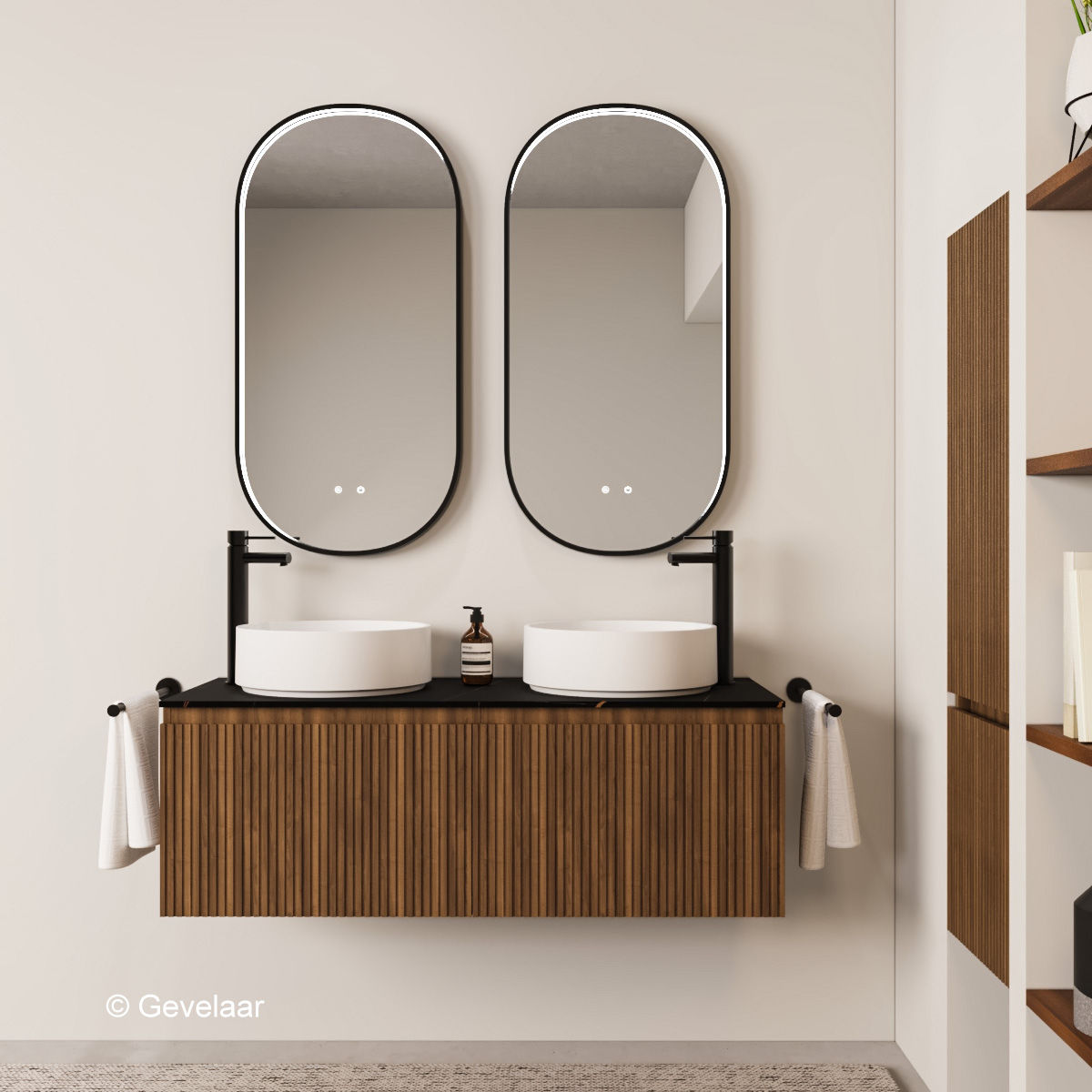 Striato ribbel noten badmeubel 120 cm - 2 lade 60cm - afdekblad marmer zwart