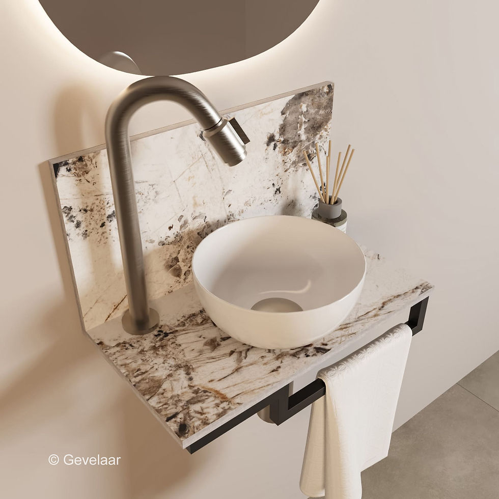 Thumbnail: Tanaro Marqstone fonteinset island glossy wand kraan bo RVS kom wit houder R