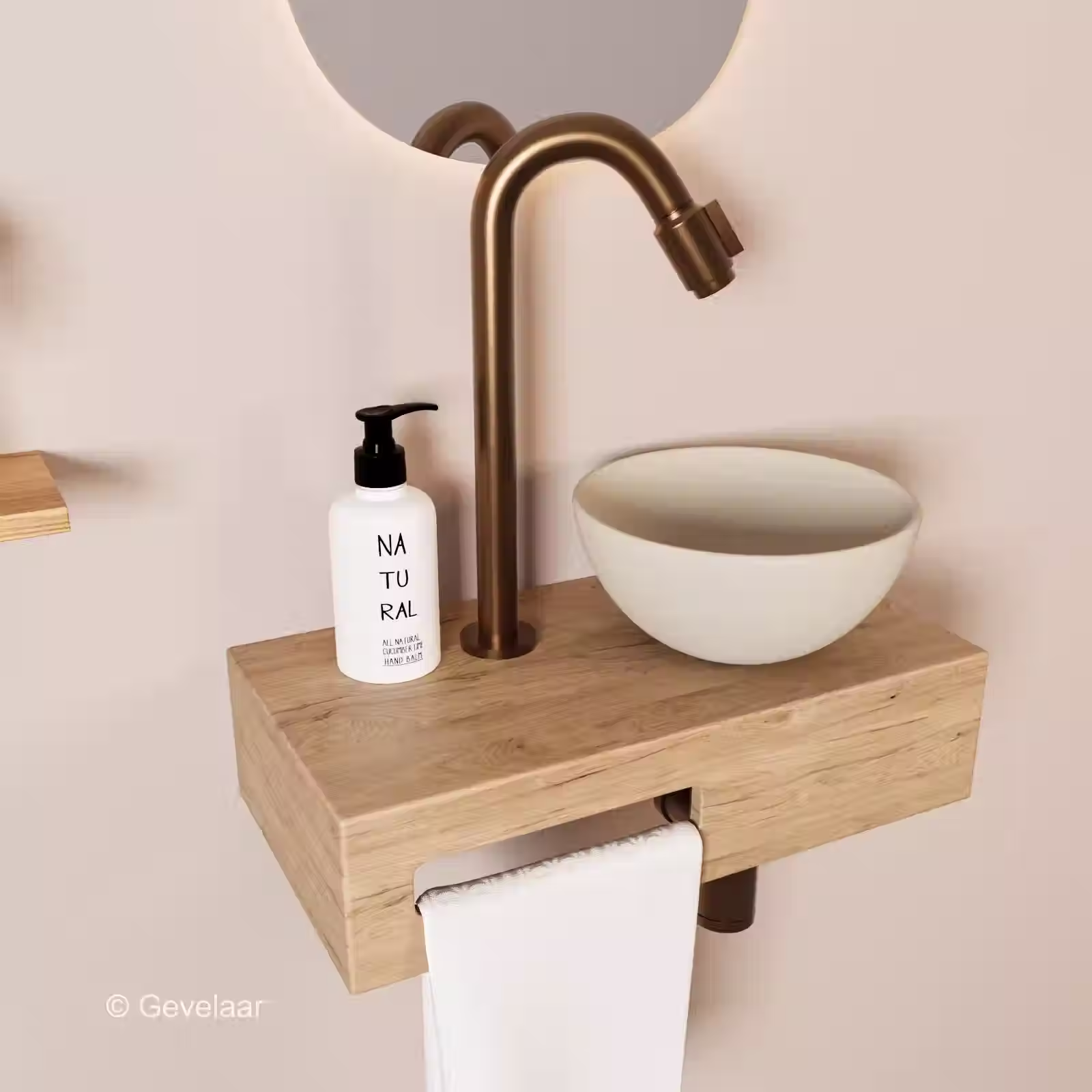 Tanaro Arche fonteinset eikenhout kraan brons koper waskom beige rechts