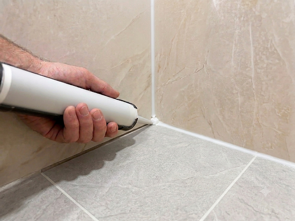 Badkamer kit vervangen met witte sanitairkit in beige natuursteenlook tegelhoek en grijze vloertegels.