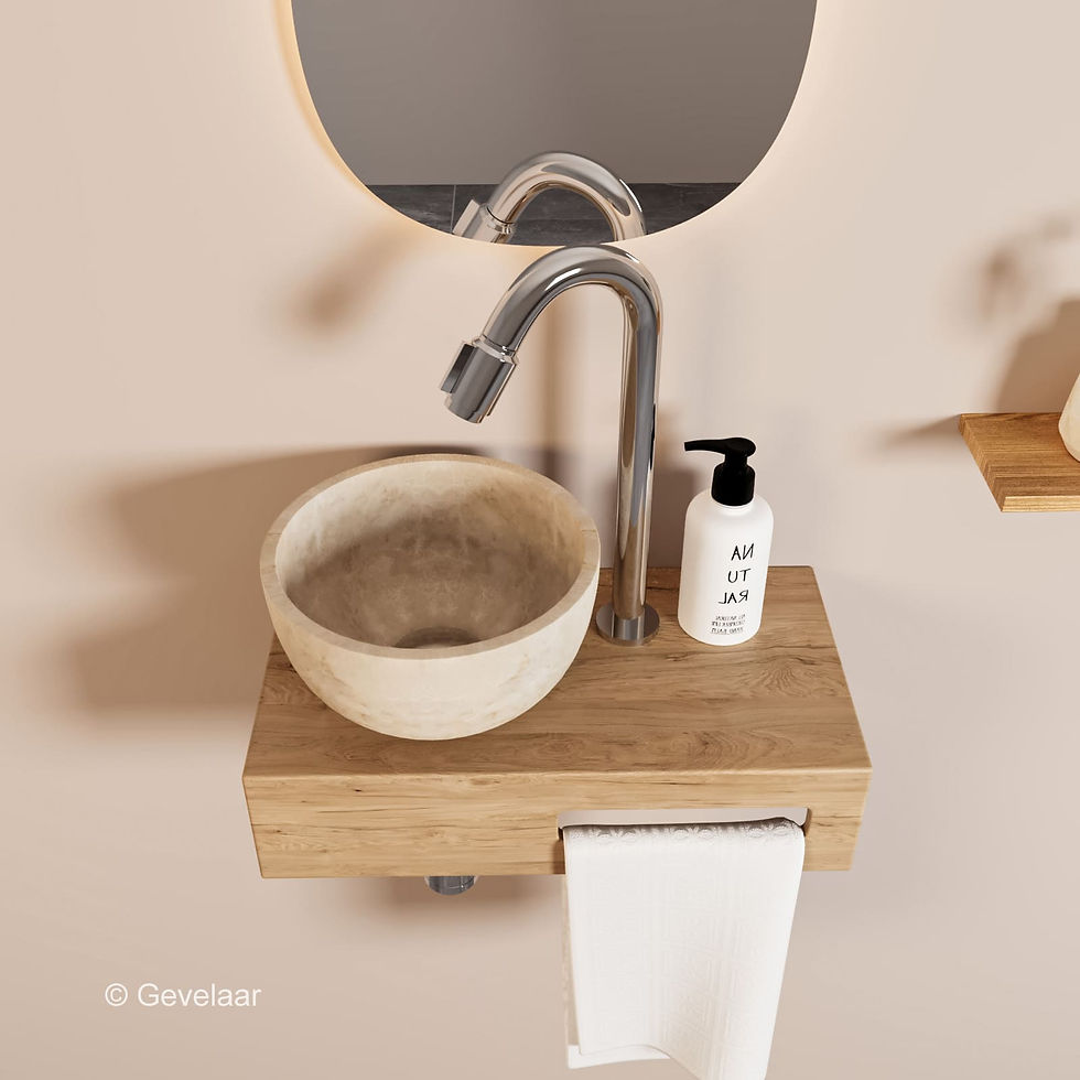 Thumbnail: Tanaro Arche fonteinset in eikenhout met marmer beige waskom links en gebogen chroom fonteinkraan