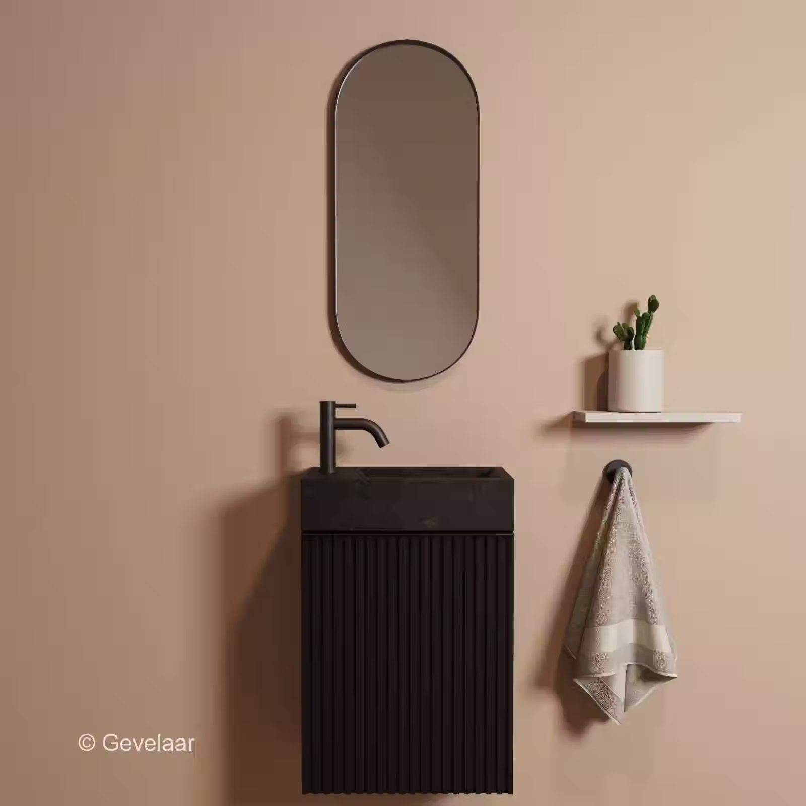 Tanaro freshstone fonteinset kast zwart wasbak links hardsteen kraan mat zwart