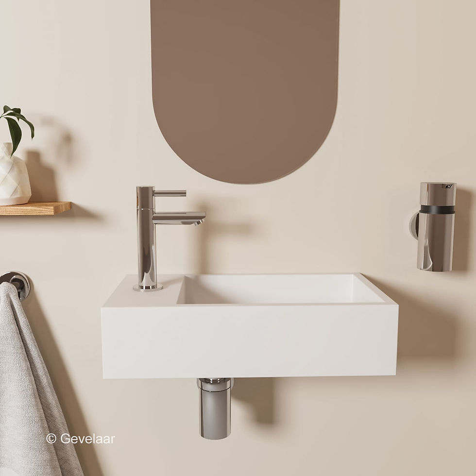 Thumbnail: Tanaro Eva fonteinset wasbak mat wit links solid surface rechte kraan chroom