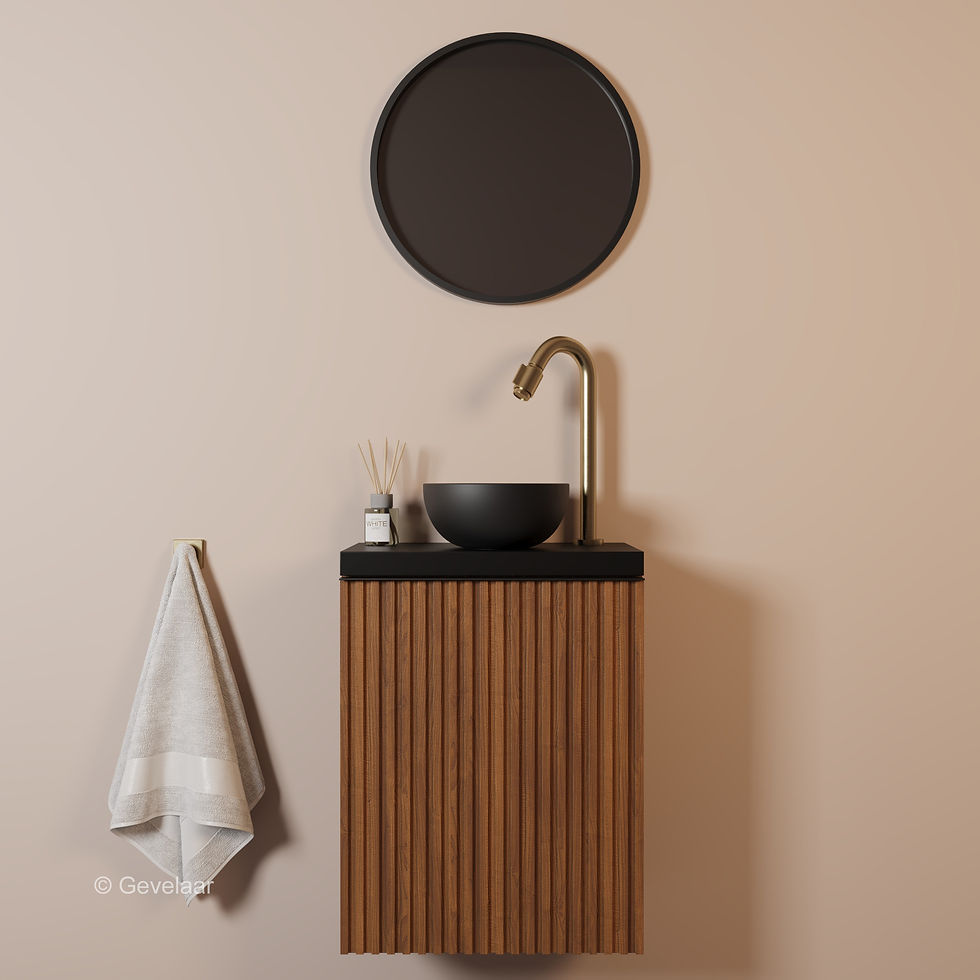 Fonteinset met toiletmeubel walnoot - fonteinkraan geborsteld goud - waskom mat zwart