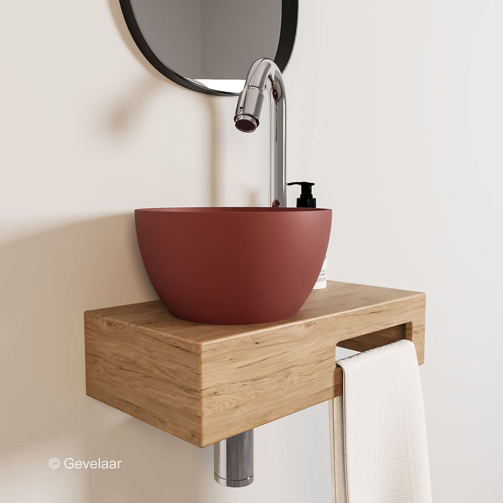 Thumbnail: Arcqua Olivia fonteinset eikenhout waskom terracotta links kraan bo chroom