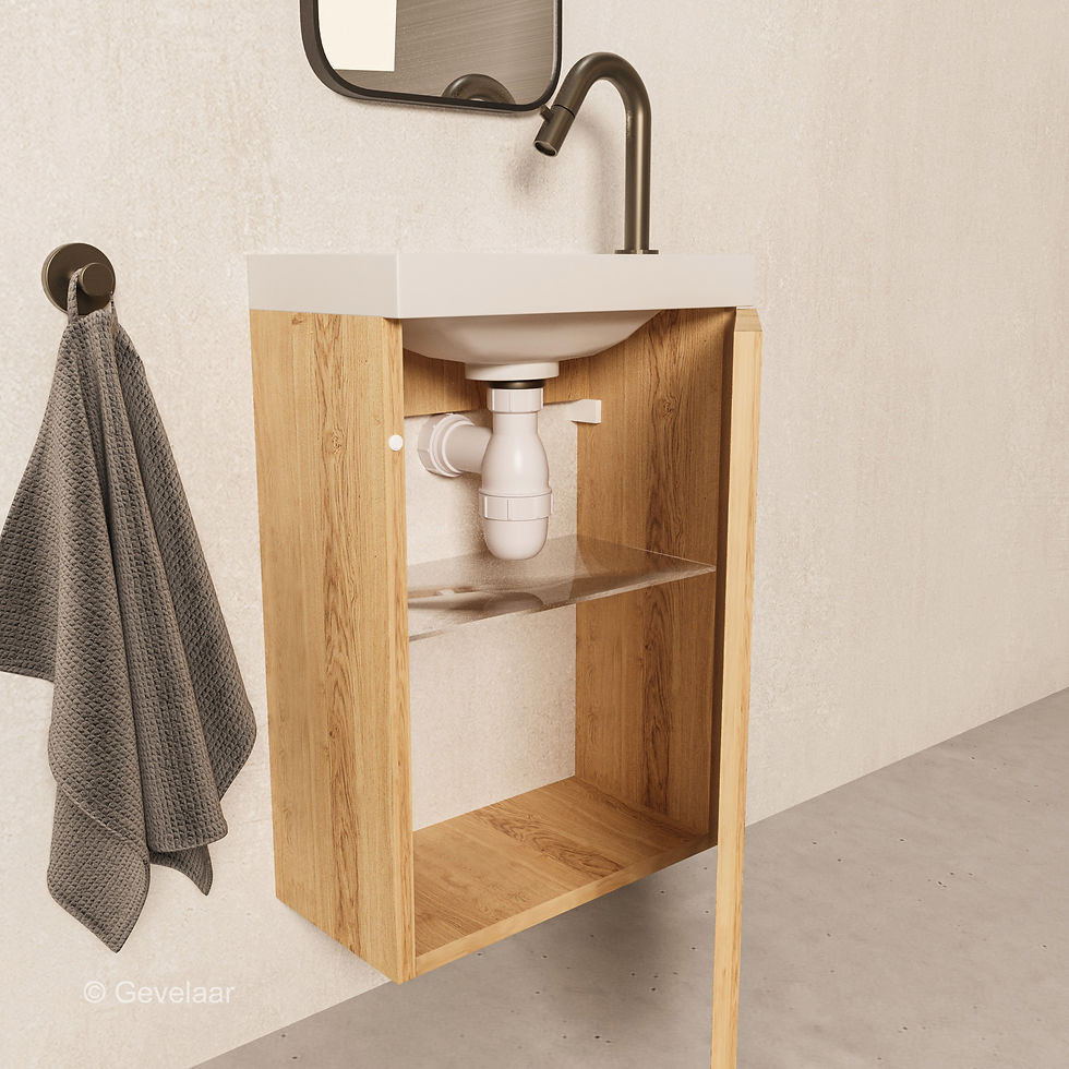 Thumbnail: Arcqua fonteinset kastje natural oak wasbak  mat wit - kraanset gunmetal