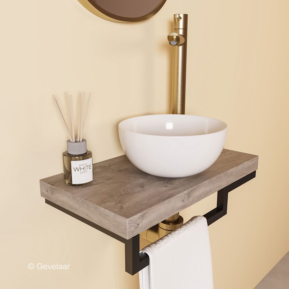 Proline TOP Raw Oak fonteinset kraan recht geb goud kom 20cm glans wit houder L