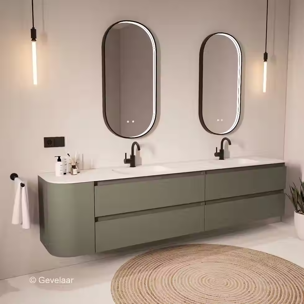 Thumbnail: Tanaro SoXeL badmeubel Olijf groen afgeronde hoek dubbele wastafel mat wit 230cm