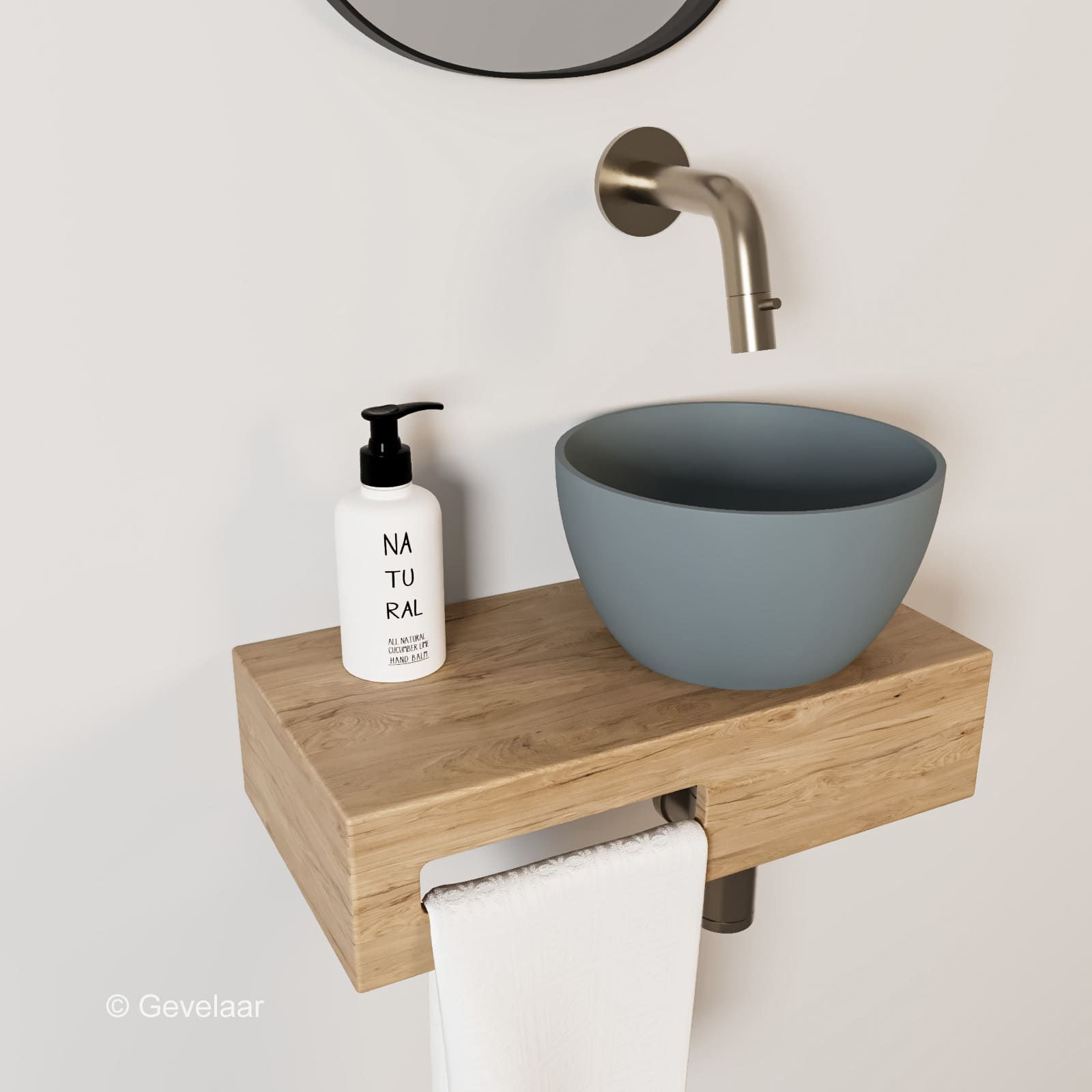 Arcqua Olivia fonteinset eikenhout waskom mat grijs rechts inbouwkraan RVS