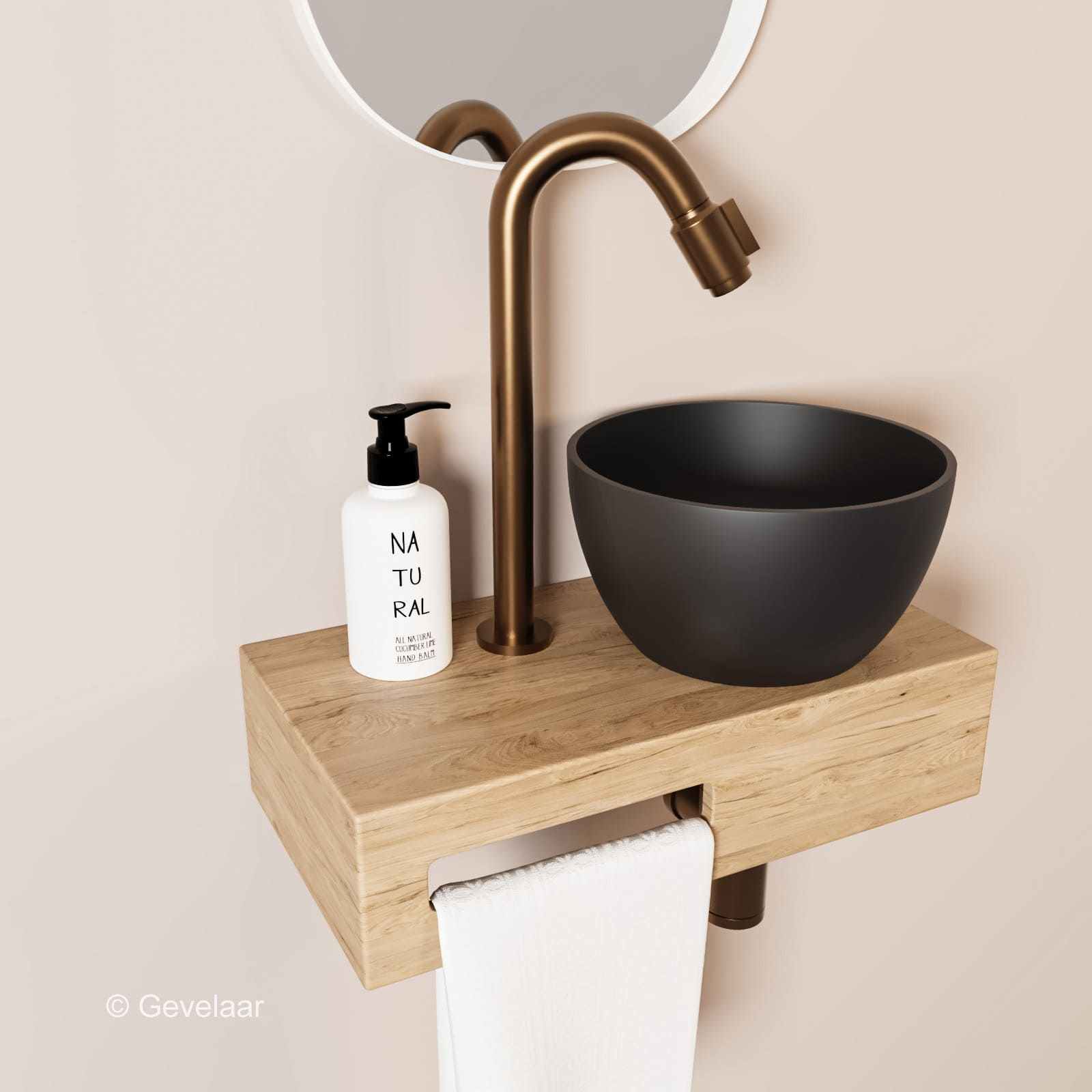 Arcqua Olivia fonteinset eikenhout waskom mat zwart rechts kraan bo brons koper