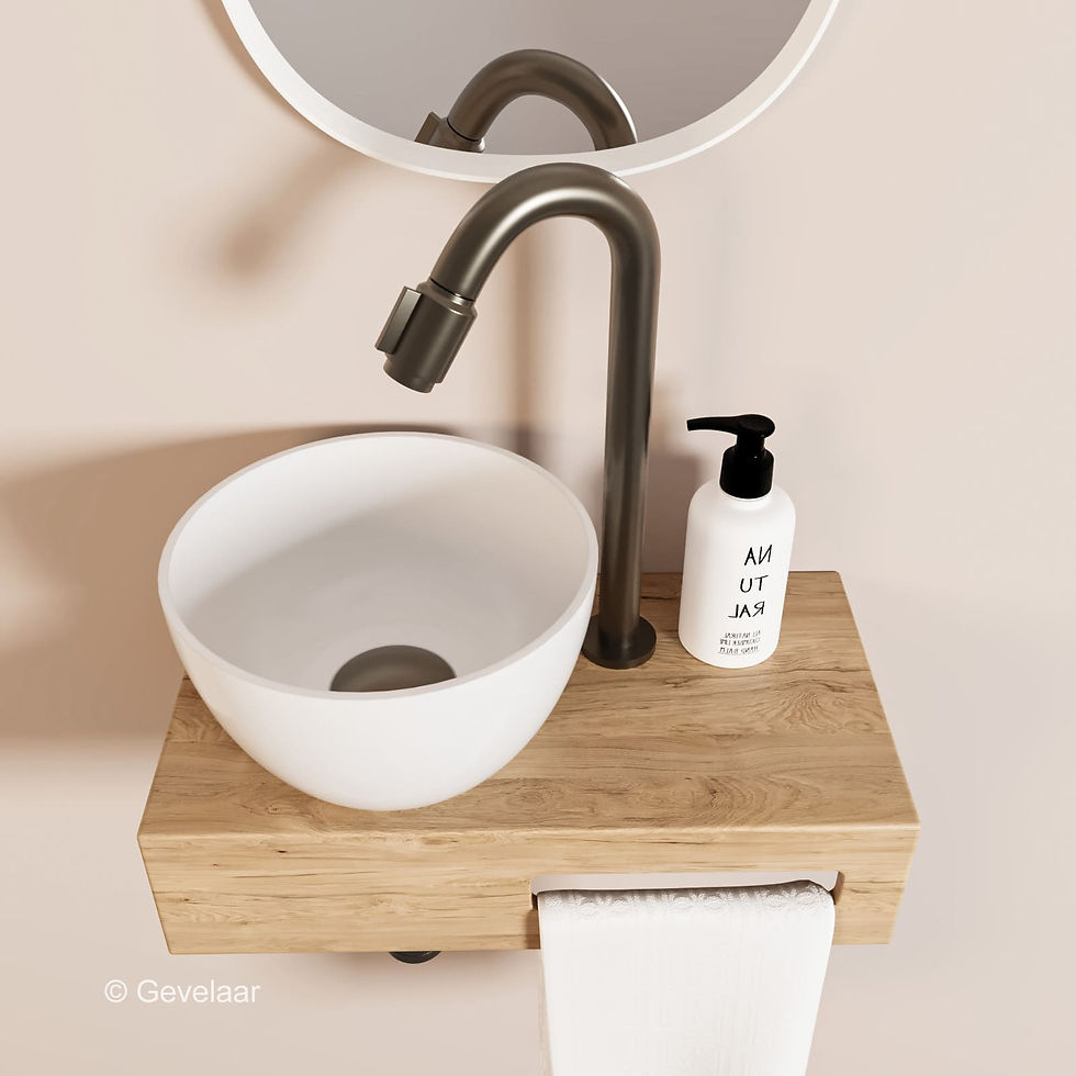 Thumbnail: Arcqua Olivia fonteinset eikenhout waskom glans wit links kraan bo gunmetal