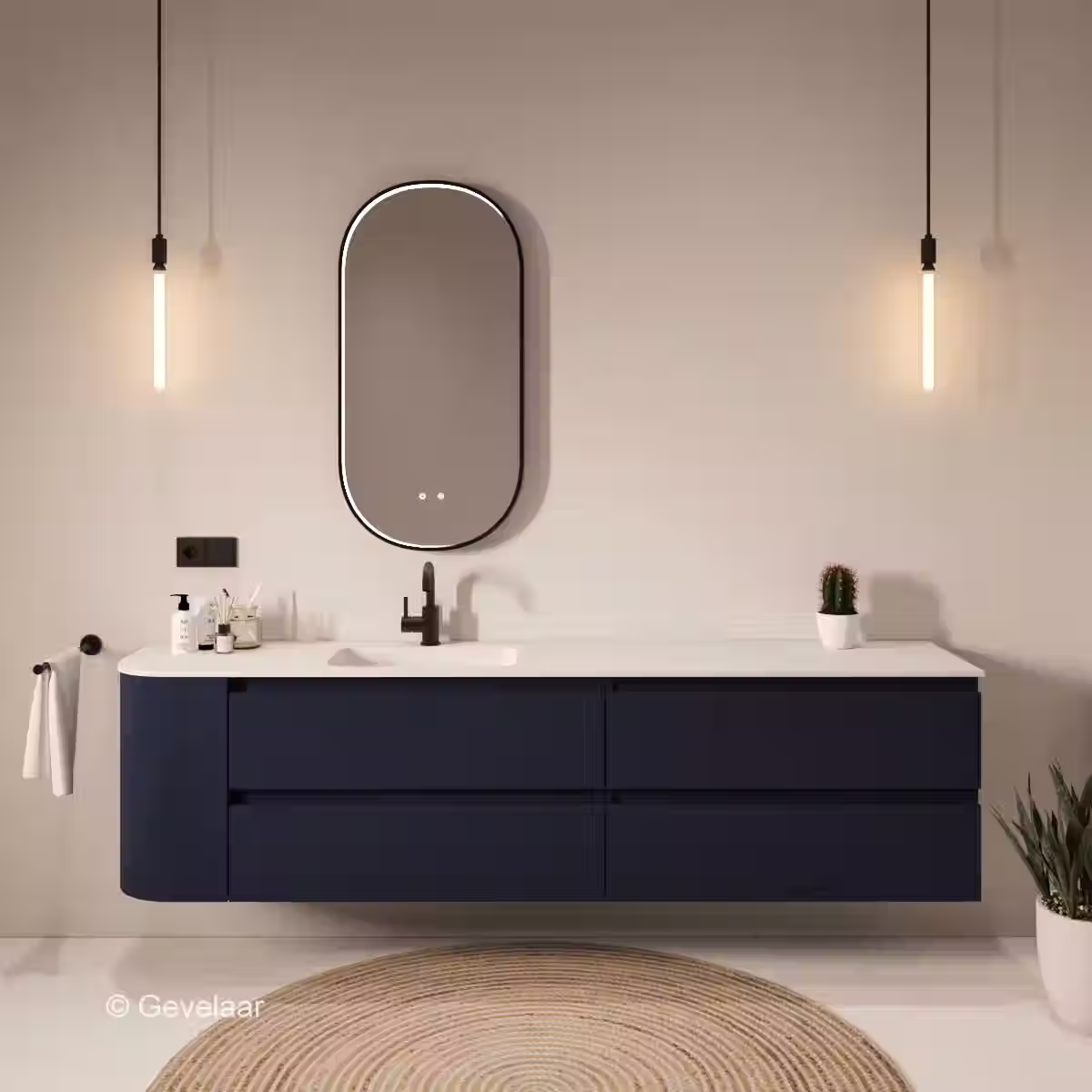 Tanaro SoXeL badmeubel intens blauw afgeronde hoek wastafel mat wit 210cm