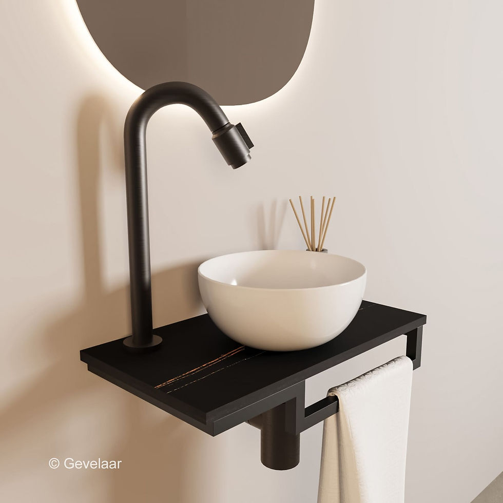Thumbnail: Tanaro Marqstone fonteinset marmer zwart kraan bo gunmetal kom 20cm wit houder R