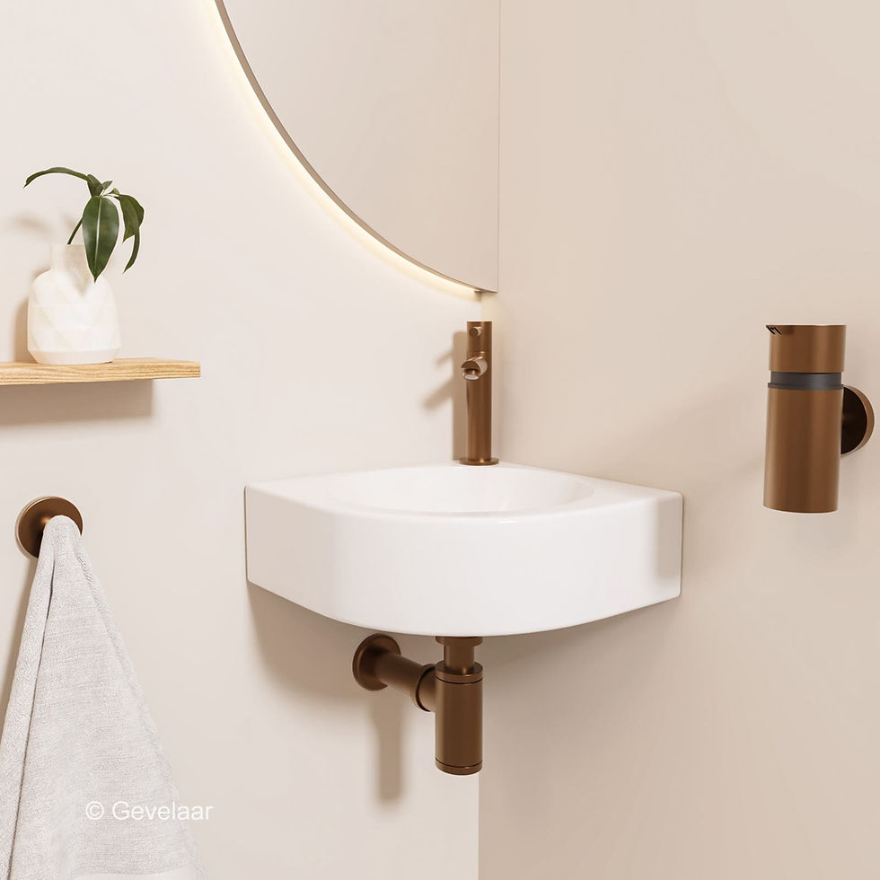 Thumbnail: Fonteinset in toiletruimte met fonteinmeubel, waskom, fonteinkraan en afvoerplug.