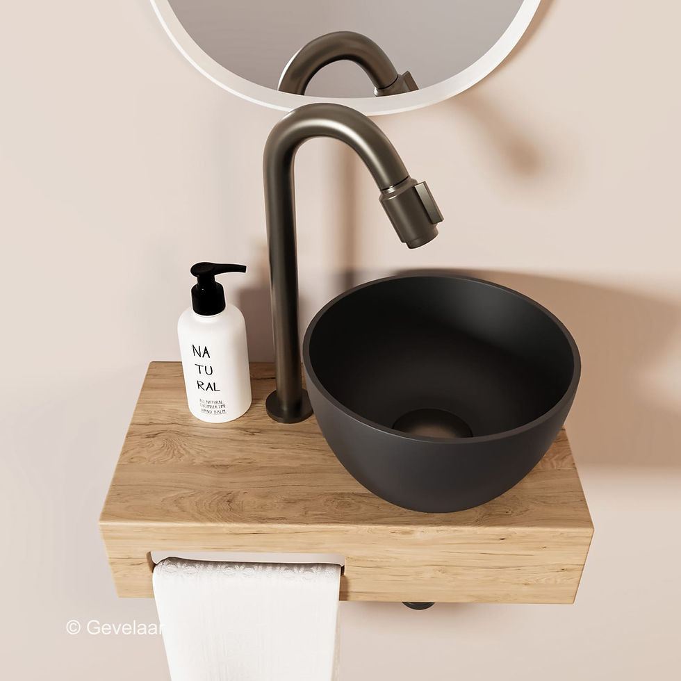 Thumbnail: Arcqua Olivia fonteinset eikenhout waskom mat zwart rechts kraan bo gunmetal
