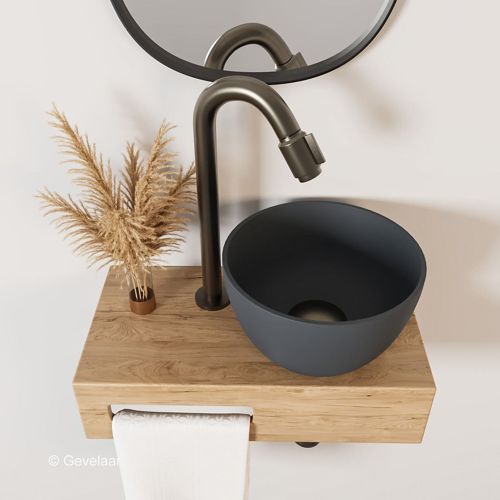 Thumbnail: Arcqua Olivia fonteinset eikenhout waskom antraciet rechts kraan bo gunmetal