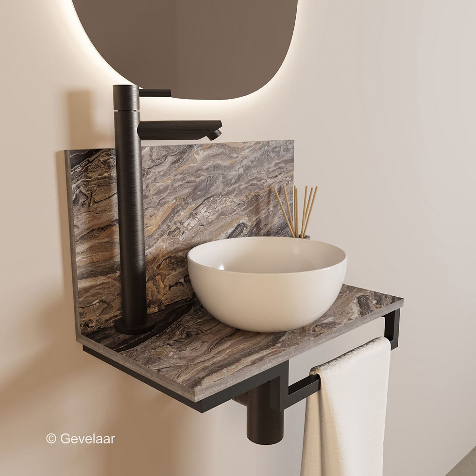 Thumbnail: Tanaro Marqstone fonteinset venice brown wand kraan gunmetal kom wit houder R