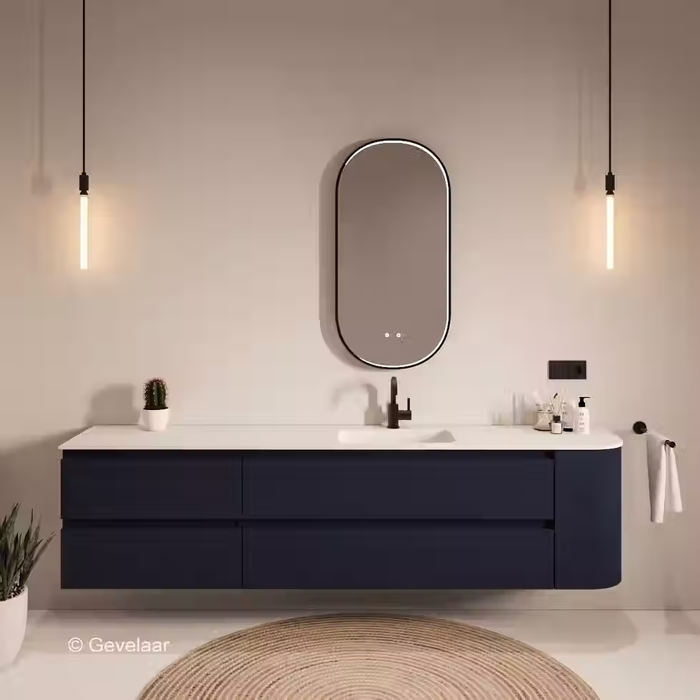 Thumbnail: SoXeL badmeubel intens blauw afgeronde hoek wastafel mat wit rechts 220cm