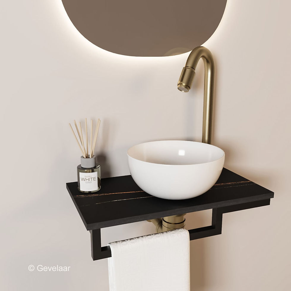 Thumbnail: Tanaro Marqstone fonteinset marmer zwart kraan bo geb goud kom 20cm wit houder L
