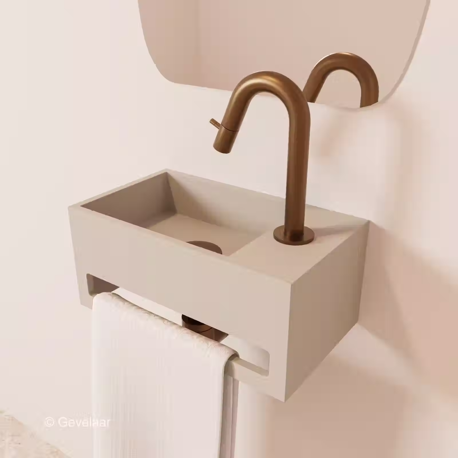 Zaphir SoSu fonteinset solid surface wasbak beige rechts kraan geborsteld brons