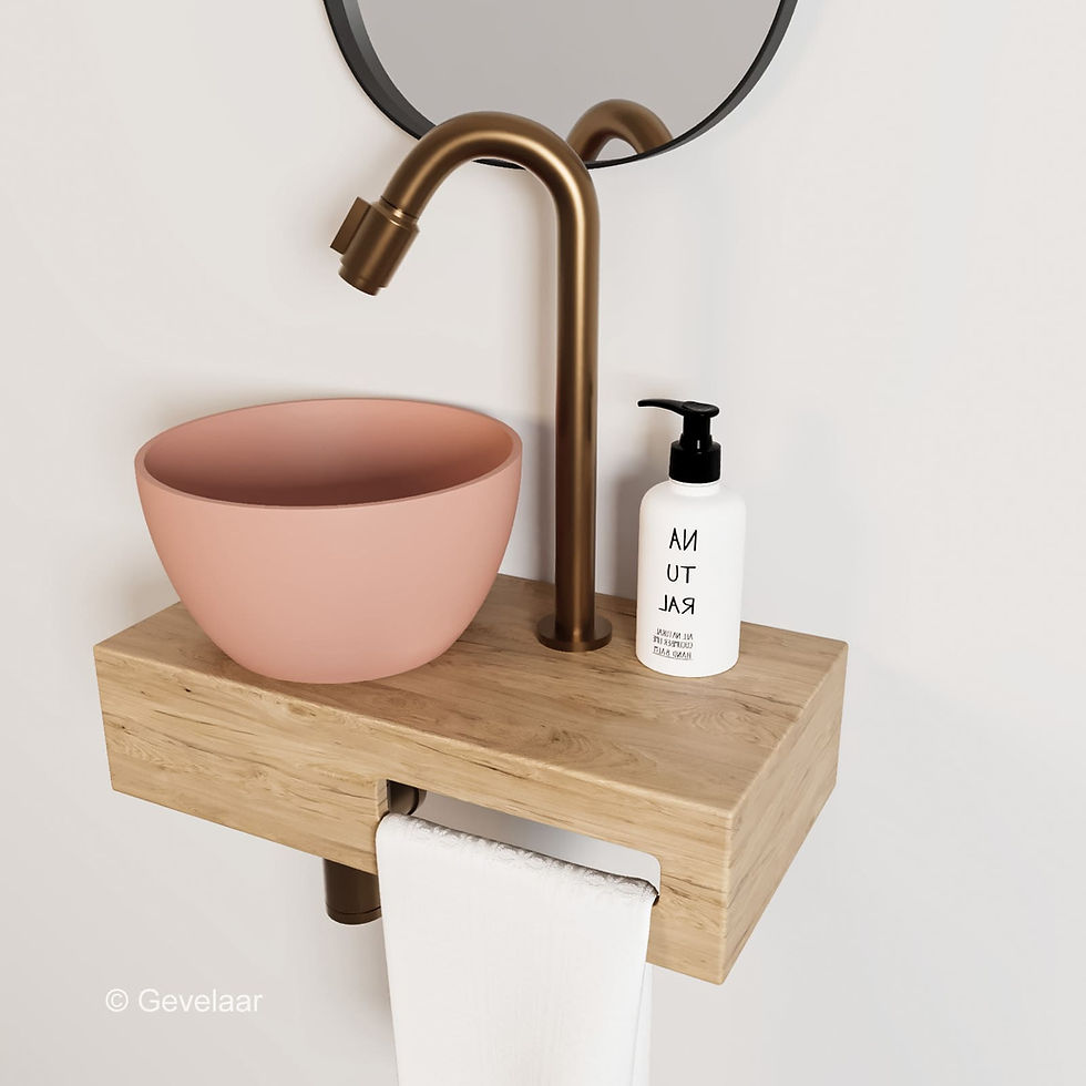 Arcqua Olivia fonteinset eikenhout waskom mat roze links kraan bo brons koper