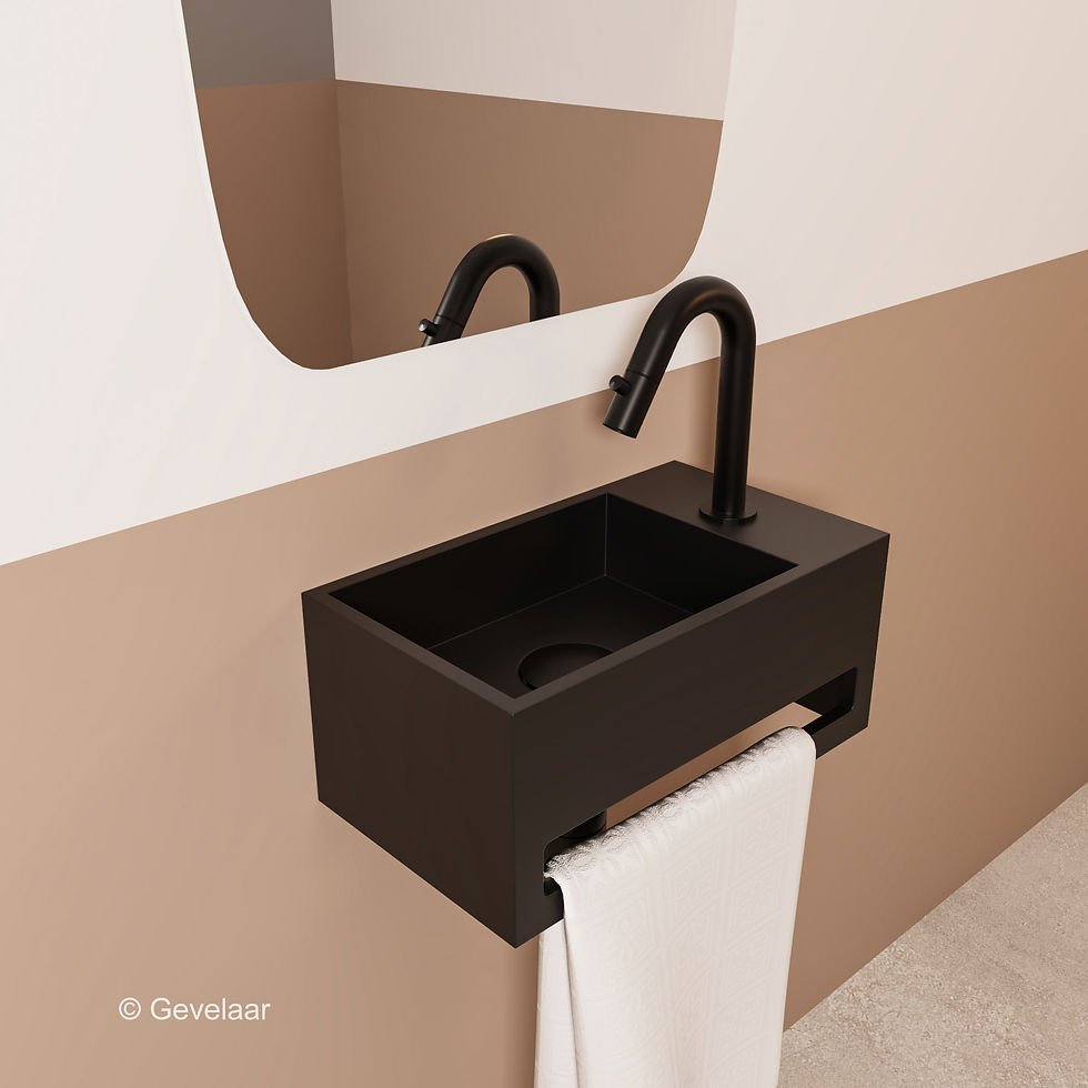 Thumbnail: Tanaro fonteinset SoSu solid surface mat zwart gebogen kraan rechts mat zwart