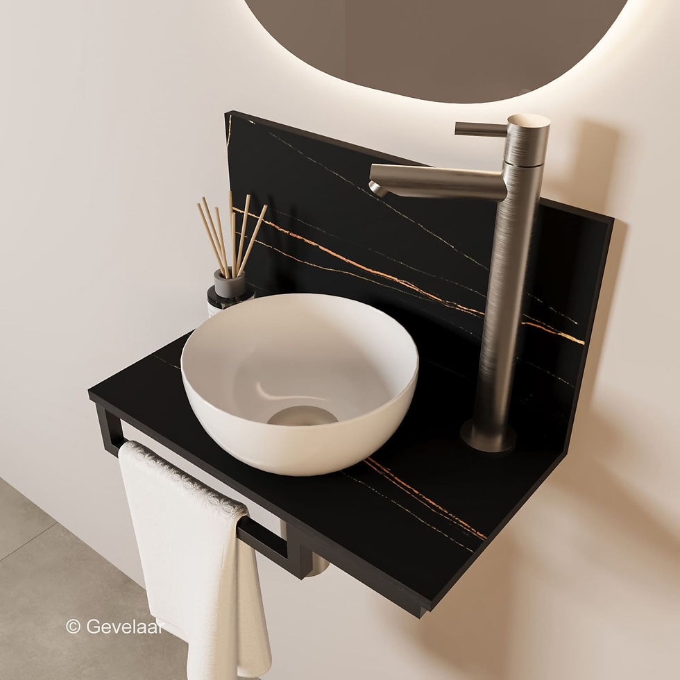 Thumbnail: Tanaro Marqstone fonteinset marmer zwart wand kraan RVS kom 20cm wit houder L