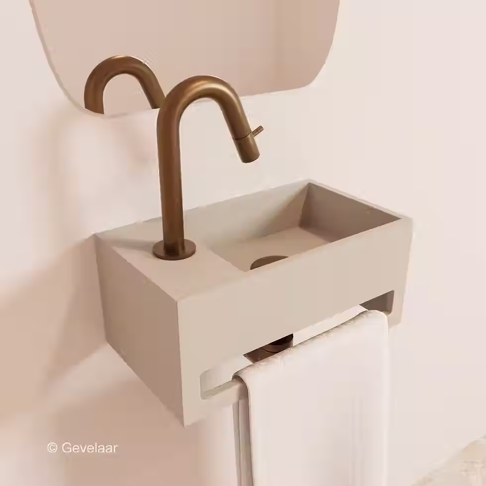 Zaphir SoSu fonteinset solid surface wasbak beige links kraan geborsteld brons