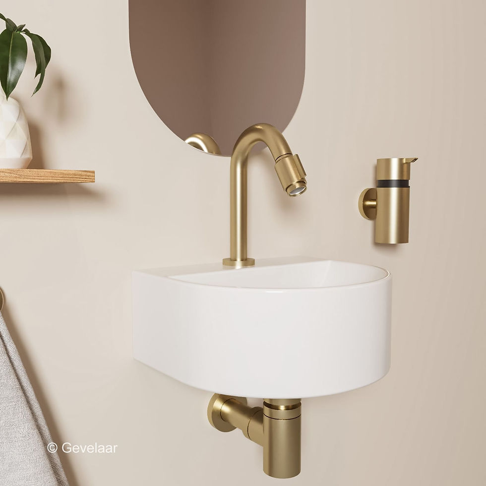 Thumbnail: Tanaro Mezzaluna fonteinset halfrond wasbak glans wit kraan geborsteld goud