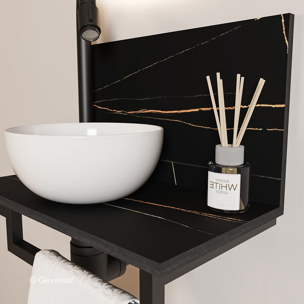 Thumbnail: Tanaro Marqstone fonteinset zwart wand kraan bo mat zwart kom 20cm wit houder R