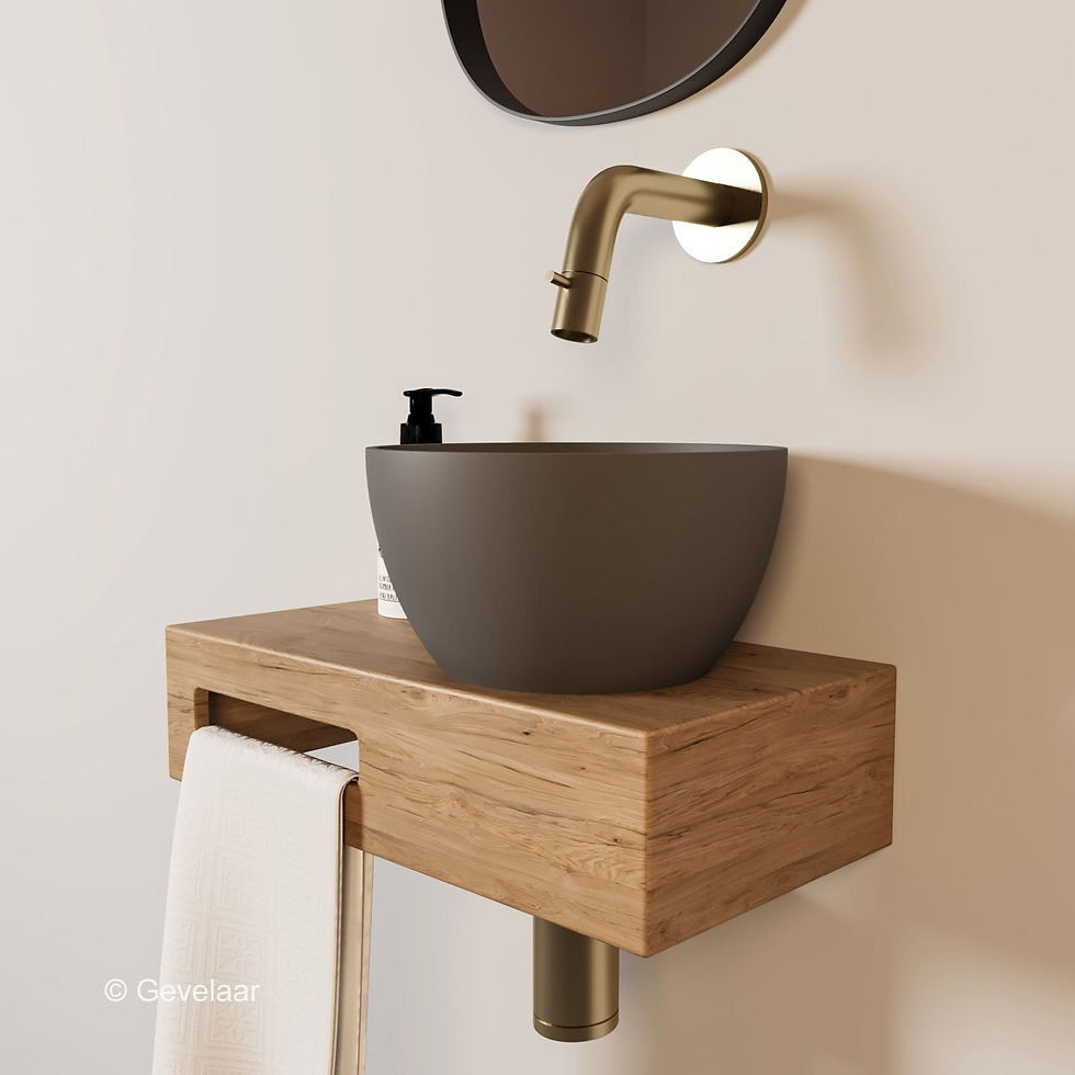 Thumbnail: Arcqua Olivia fonteinset eikenhout waskom mat quartz grijs rechts kraan geb goud