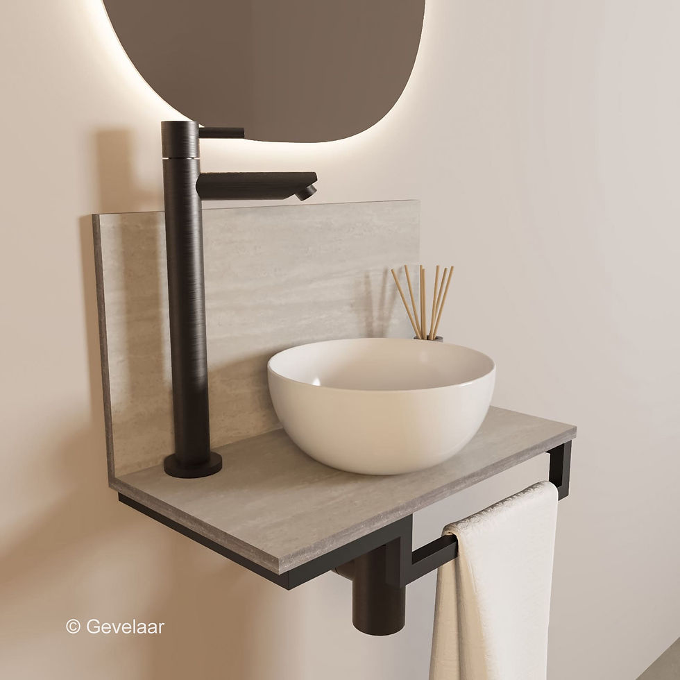 Thumbnail: Tanaro Marqstone fonteinset travertin mat wand kraan gunmetal kom wit houder R