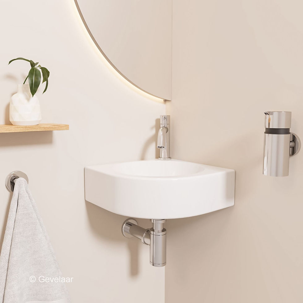 Thumbnail: Fonteinset in toiletruimte met fonteinmeubel, waskom, fonteinkraan en afvoerplug.