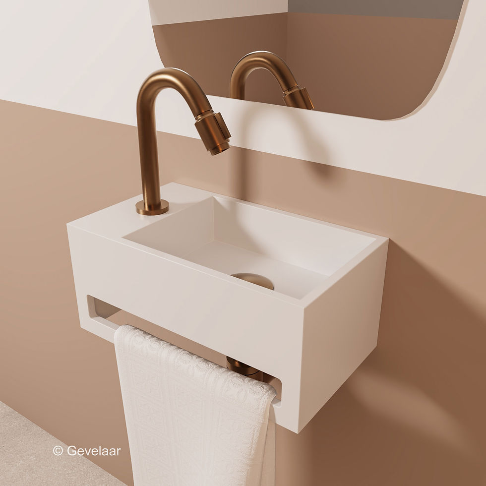 Tanaro fonteinset SoSu solid surface mat wit gebogen kraan links brons koper