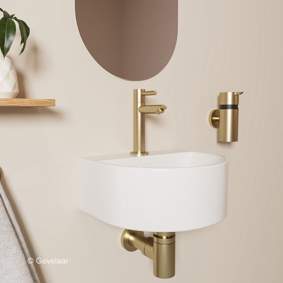 Thumbnail: Tanaro Mezzaluna fonteinset halfrond wasbak glans wit rechte kraan geb goud