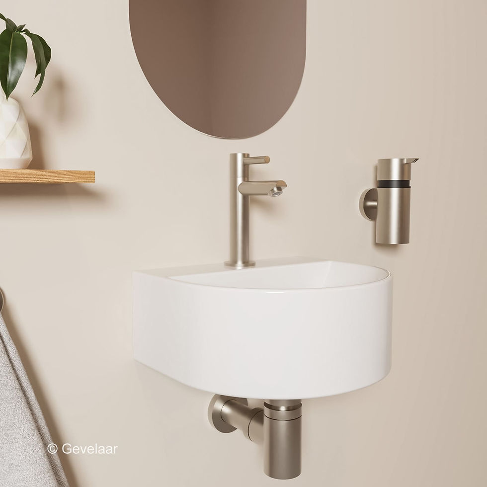 Thumbnail: Tanaro Mezzaluna fonteinset halfrond wasbak glans wit rechte kraan RVS